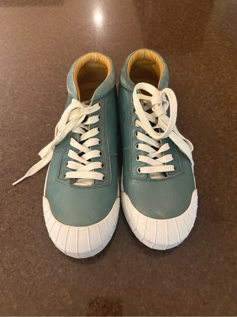 John Fluevog Teal Leather Low-Top Sneakers with White Toe Cap